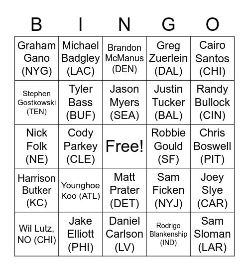 Field Goal Bingo Card