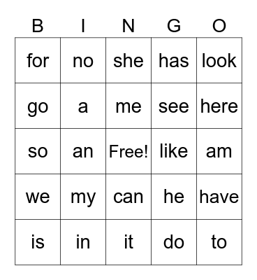 sight words Bingo Card