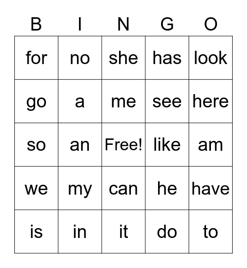 sight words Bingo Card