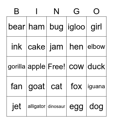 Phonics Bingo Card