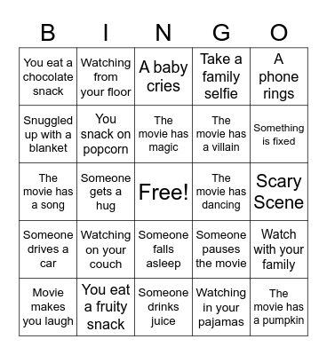 Family Movie Night Bingo Card