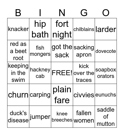Below Stairs Bingo Card