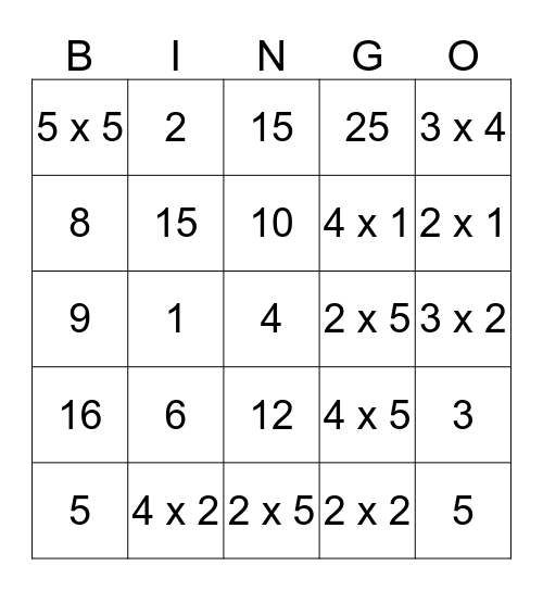 Multiplication # 5 Bingo Card