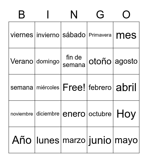 Días/Meses/Estaciónes Bingo Card