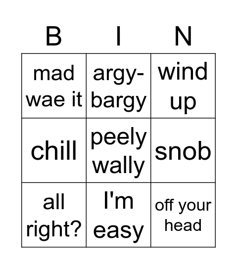 British Slang Bingo - points make prizes! Bingo Card