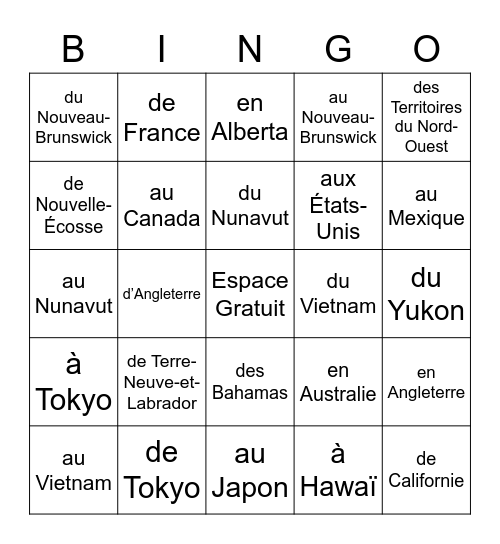 Les prépositions géographiques Bingo Card