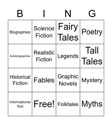 Reading Genre Bingo Card