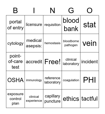 Phlebotomy Bingo Card