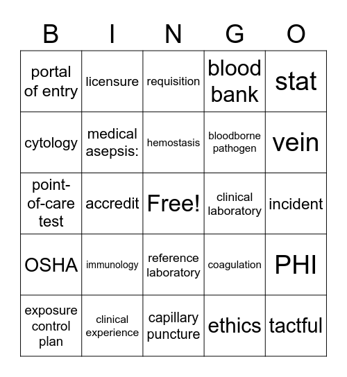 Phlebotomy Bingo Card