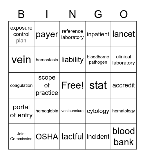 Phlebotomy Bingo Card