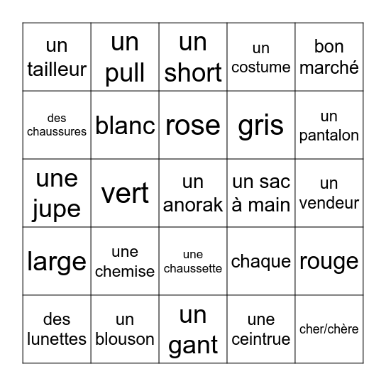 Leçon 6B - Vêtements Bingo Card