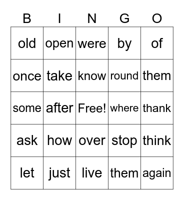 Sight Words #2 Bingo Card
