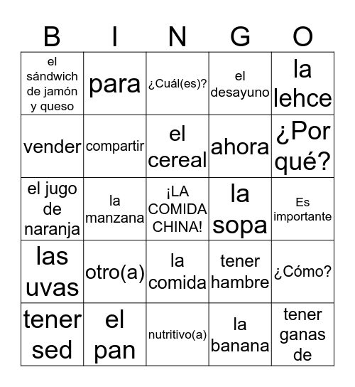 Español 1 - U3L1 Bingo Card