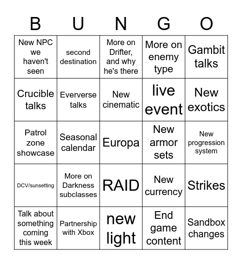 Destiny 2 VIDOC Bingo Card