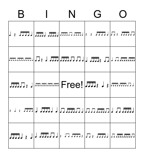 Rhythm Bingo - 1/4, 1/8, (4) 1/16 - Notes & Rest Bingo Card