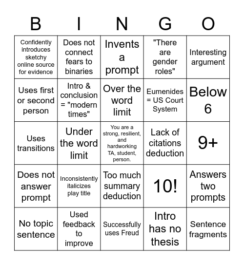 Myth Paper Grading Bingo Card