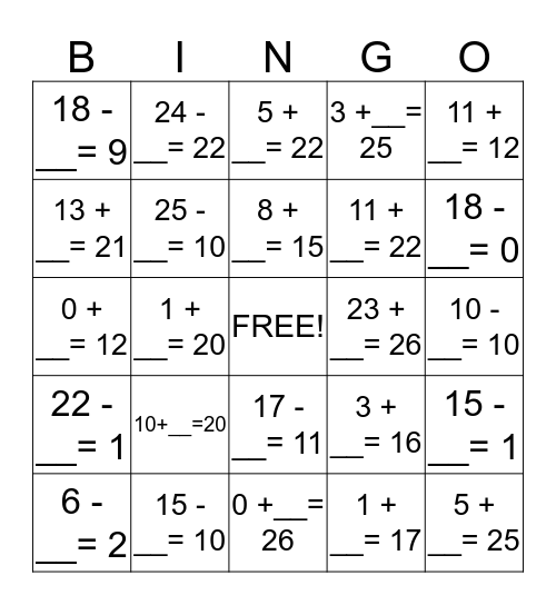 Missing Addend BINGO Card