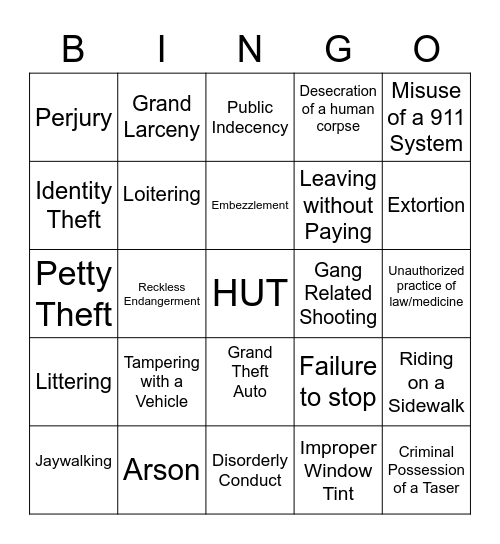 Penal Code Bingo Card Bingo Card