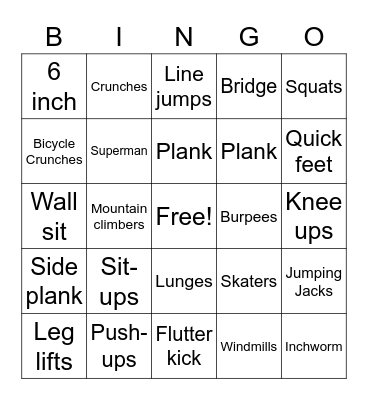 Fitness Bingo Card