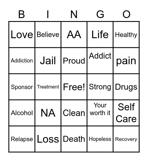 Addiction Bingo Card