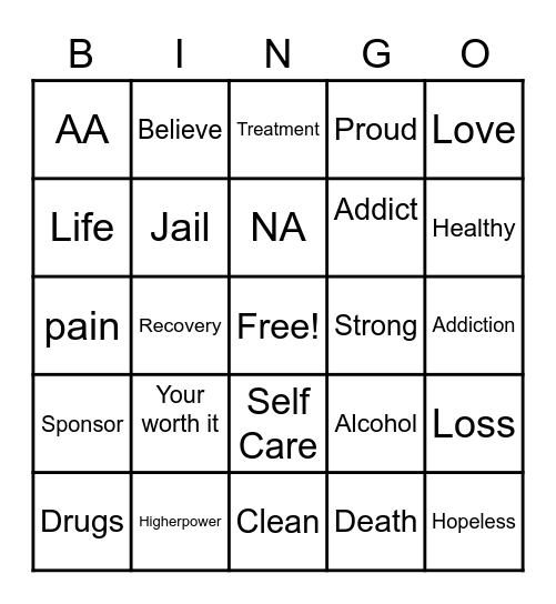 Addiction Bingo Card