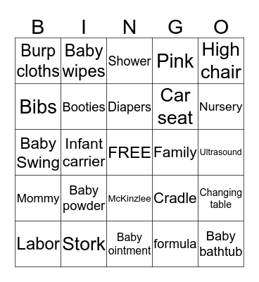 Kaylee's Baby Shower Bingo Card