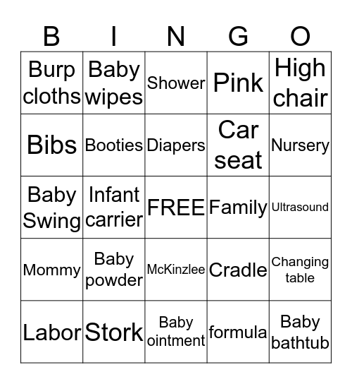 Kaylee's Baby Shower Bingo Card