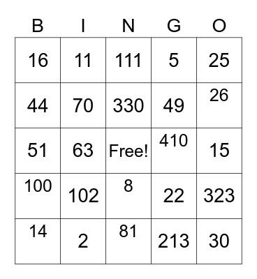 Place Value Bingo Card