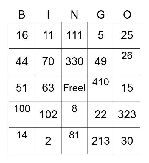 Place Value Bingo Card