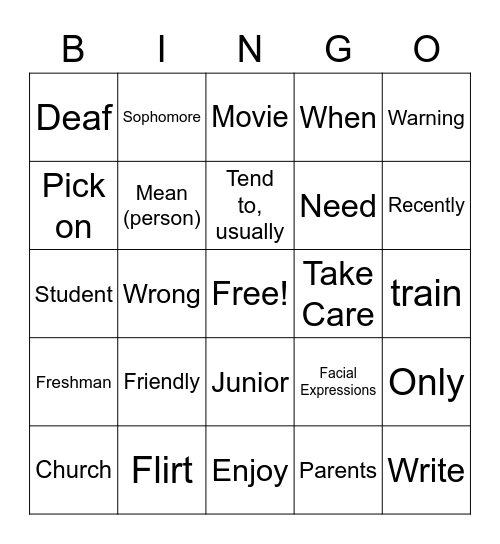 ASL U1-6 Bingo Card
