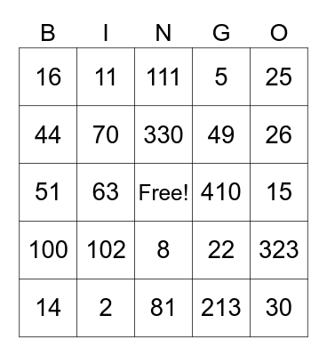 Place Value Bingo Card