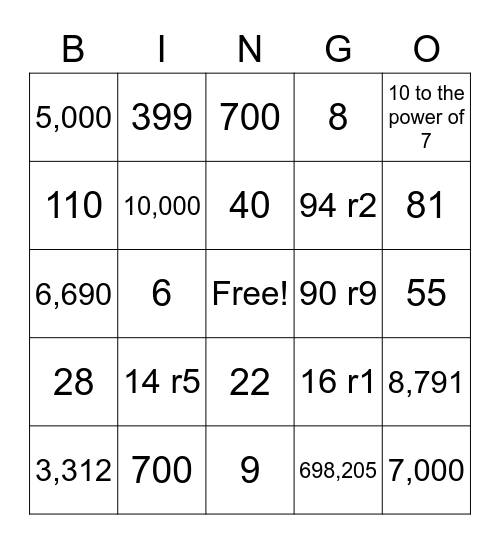 Multiplication and Division Review Bingo Card