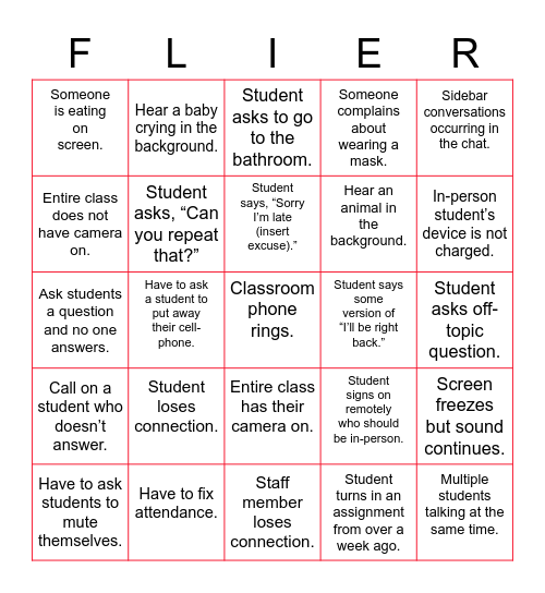 FLIER BINGO: Classroom Edition Bingo Card