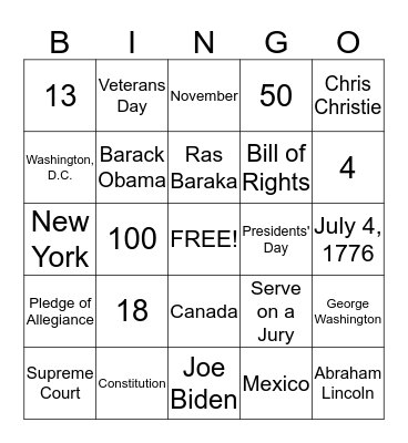 Citizenship  Bingo Card