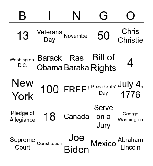 Citizenship  Bingo Card