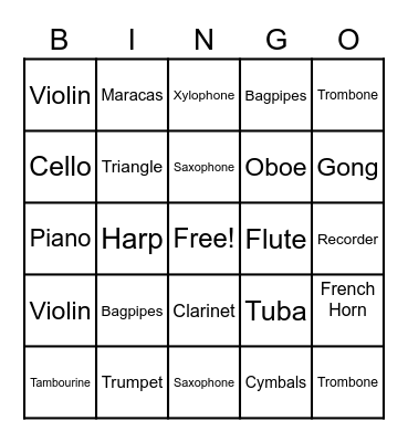 Musical Instrument BINGO Card