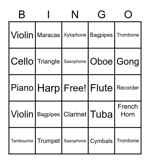 Musical Instrument BINGO Card