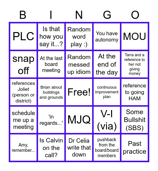 T Meeting Bingo Card