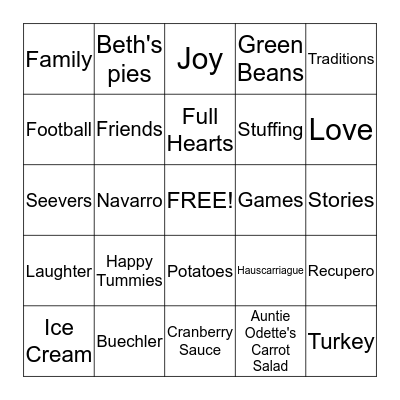 T                   H                   A                N               K -   O Bingo Card