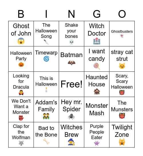 Spooky Song Bingo Card