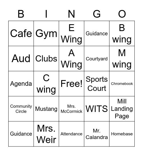 Mill Middle Bingo Card