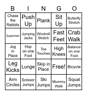 Exercise Bingo Card