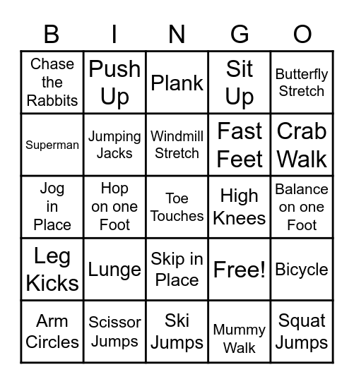 Exercise Bingo Card