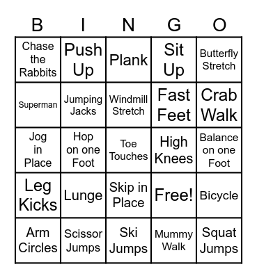 Exercise Bingo Card