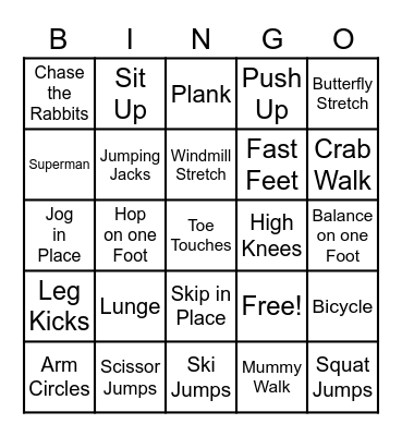 Exercise Bingo Card