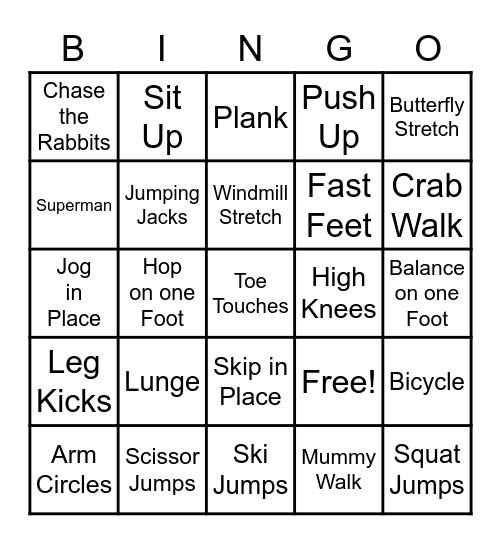 Exercise Bingo Card