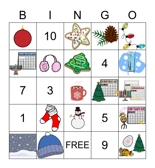 December Holiday and Numbers Bingo Card