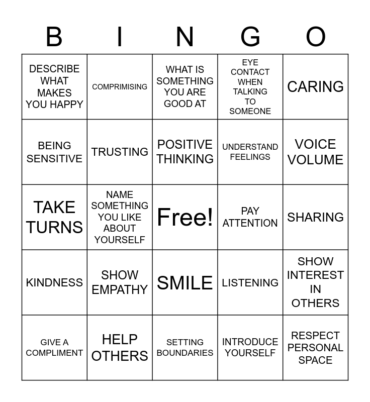 social skills bingo card