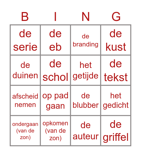 Themawoorden thema 2 Bingo Card