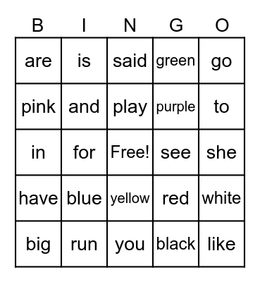 Sight Words Bingo Card